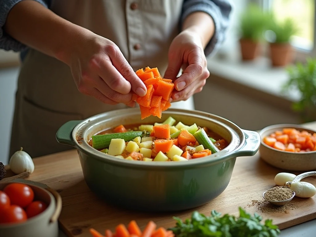 Chopped vegetables being added to a slow cooker for homemade soup