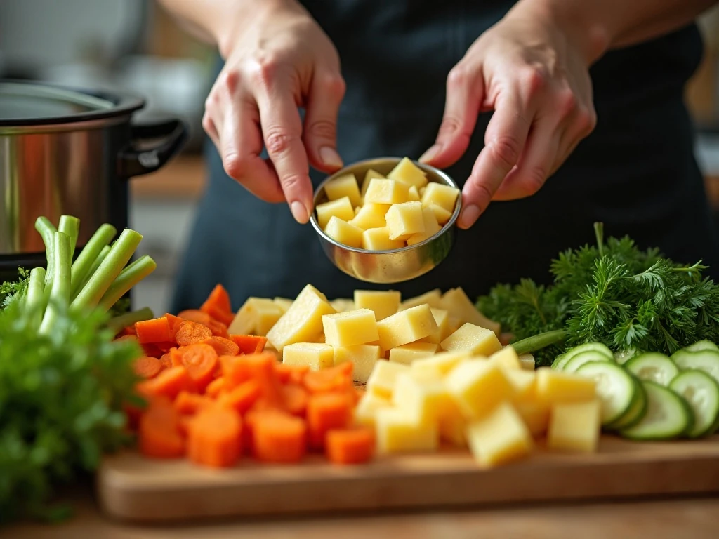 Uniformly cut vegetables prepared for Crockpot vegetable soup