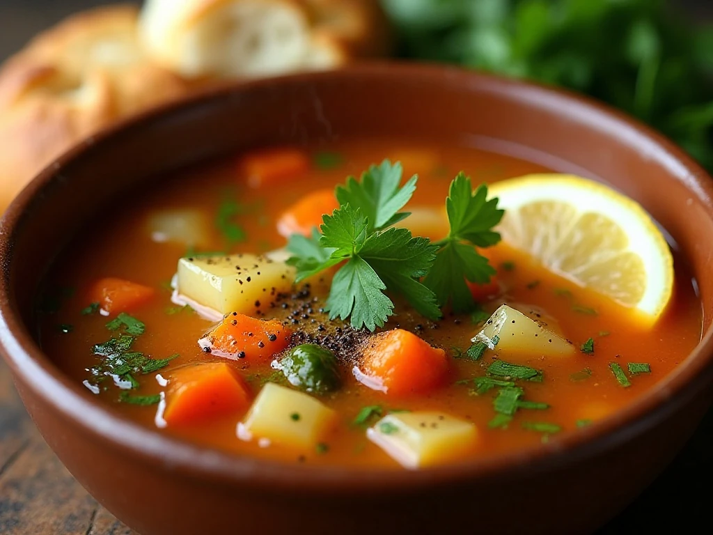 Fresh vegetable soup garnished with parsley and black pepper