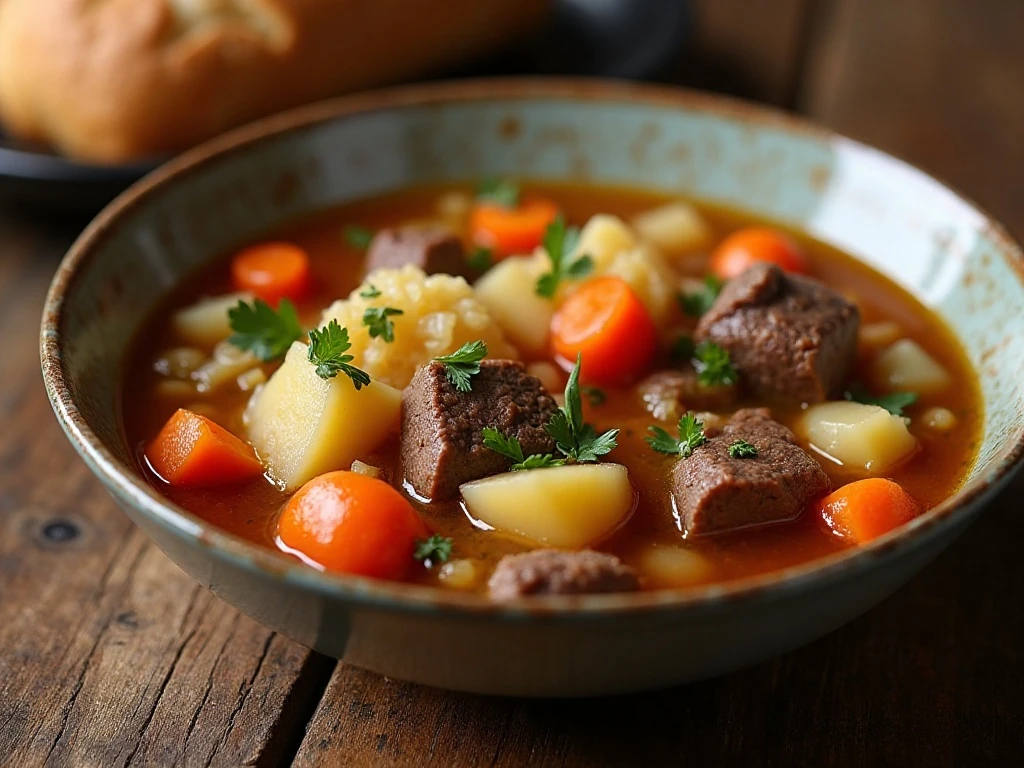 Hearty German cabbage soup served in a rustic bowl