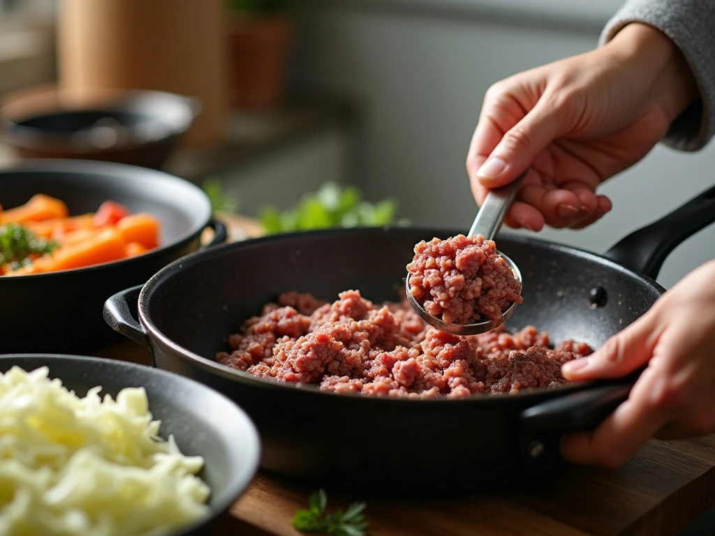 Browning beef and onion before making cabbage soup