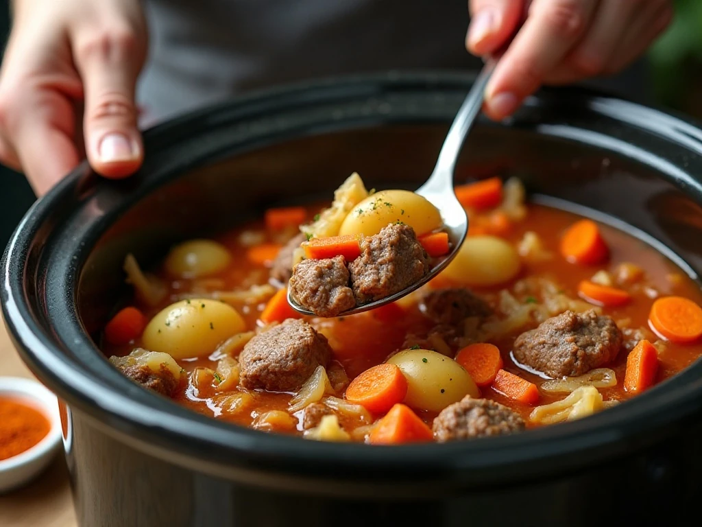 Stirring ingredients in a crockpot for German cabbage soup
