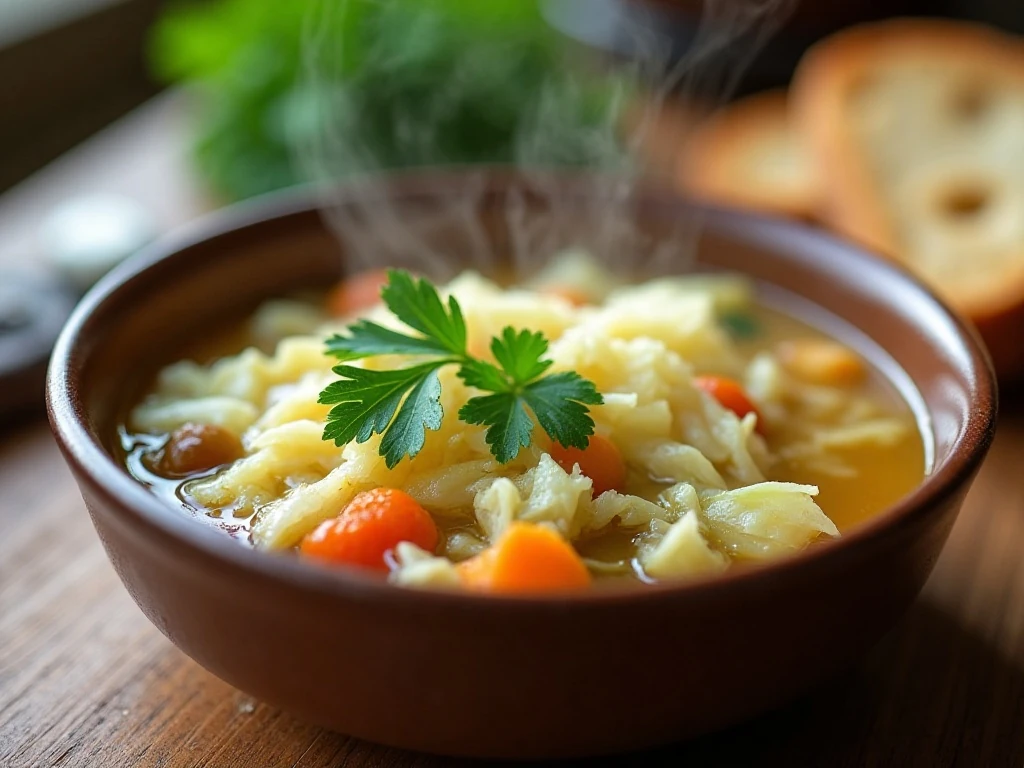 Close-up of garnished German cabbage soup with bread