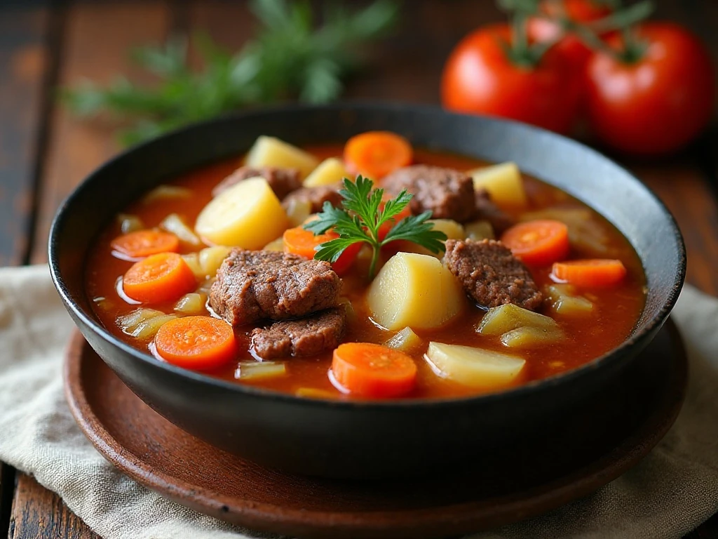 Spoonful of beef and vegetable German cabbage soup