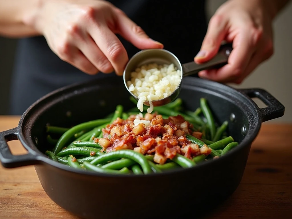 Preparing bacon and onions for slow cooker green beans