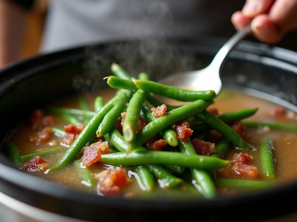 Stirring tender green beans in the slow cooker