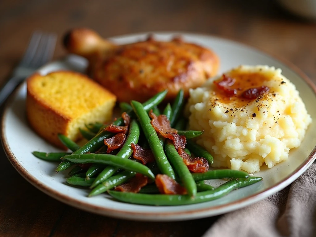 Slow cooker green beans served with a comfort-food dinner