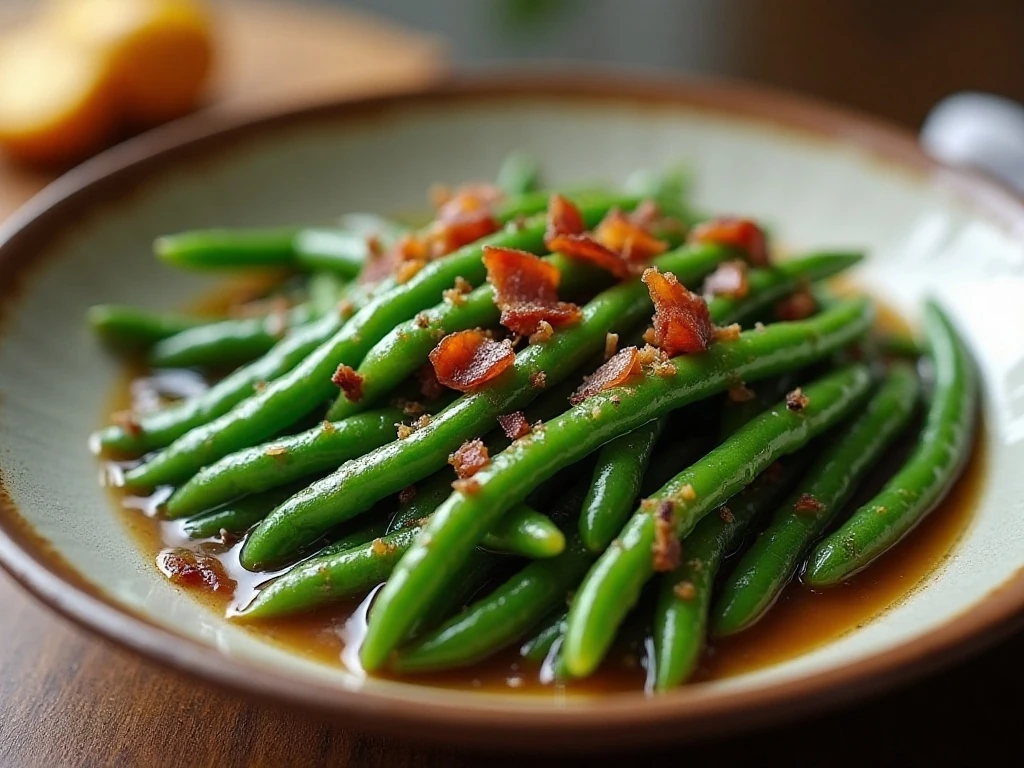 Reheated slow cooker green beans ready to serve