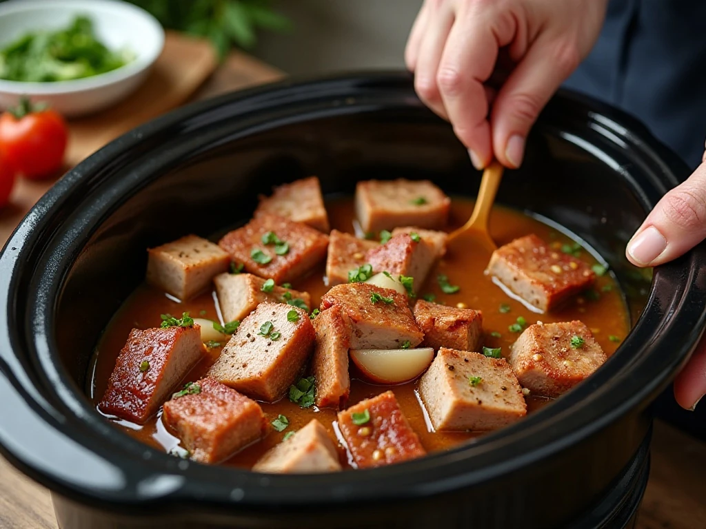 Pork and green chile ingredients arranged in a slow cooker