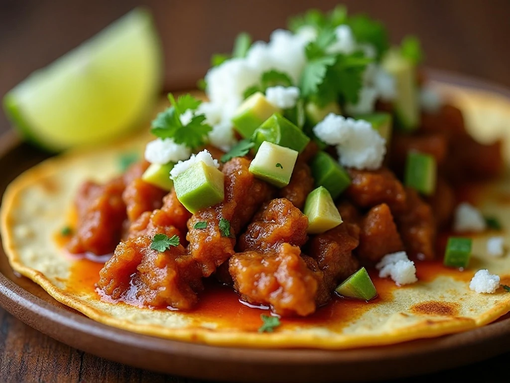Green chile pork taco with cilantro, avocado, queso fresco, and lime
