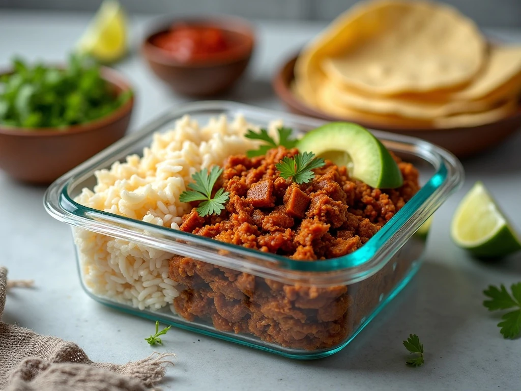 Meal-prep portions of slow cooker green chile pork with rice and beans