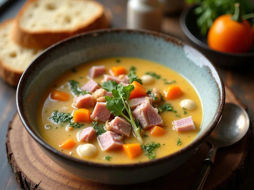 Creamy slow cooker ham and vegetable chowder served with crusty bread