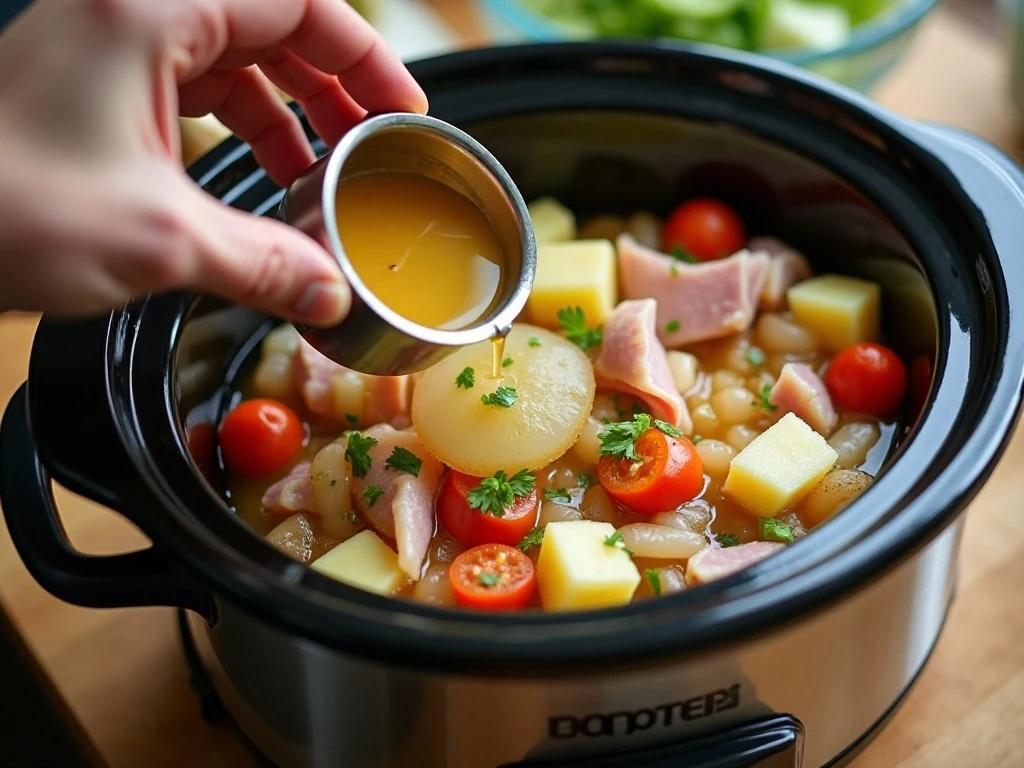 Adding ham, potatoes, and vegetables to a slow cooker for chowder