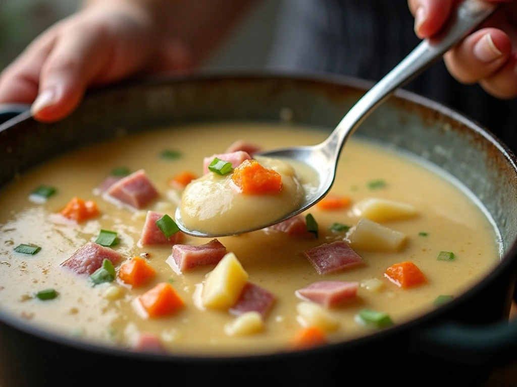 Stirring half-and-half into slow cooker ham chowder