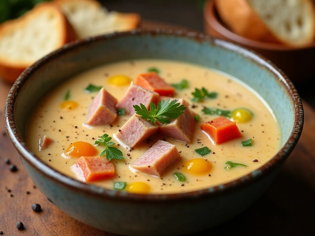 Ham and vegetable chowder with black pepper and crusty bread