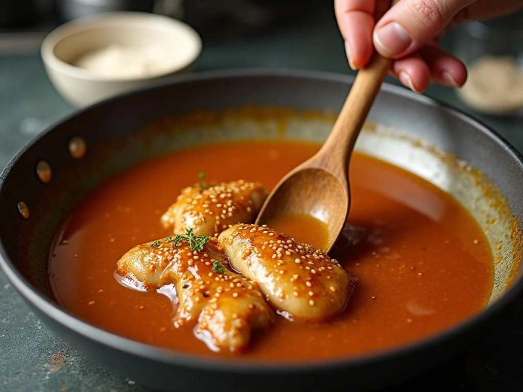 Thickening honey sesame sauce with cornstarch slurry