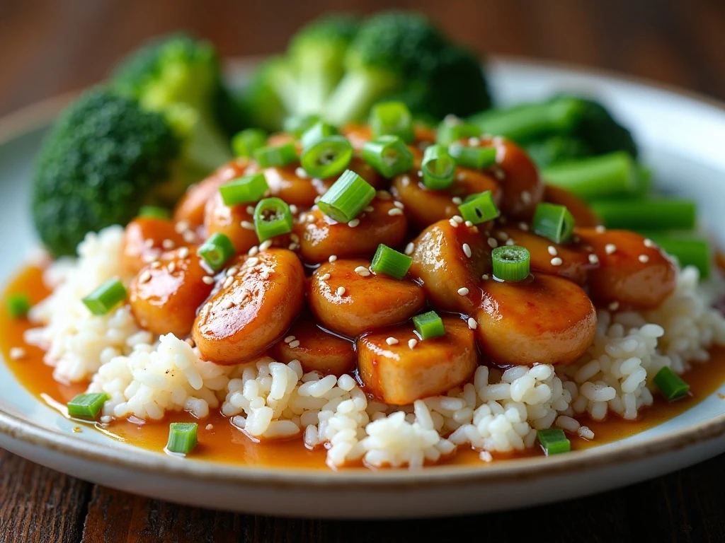 Honey sesame chicken with rice and vegetables