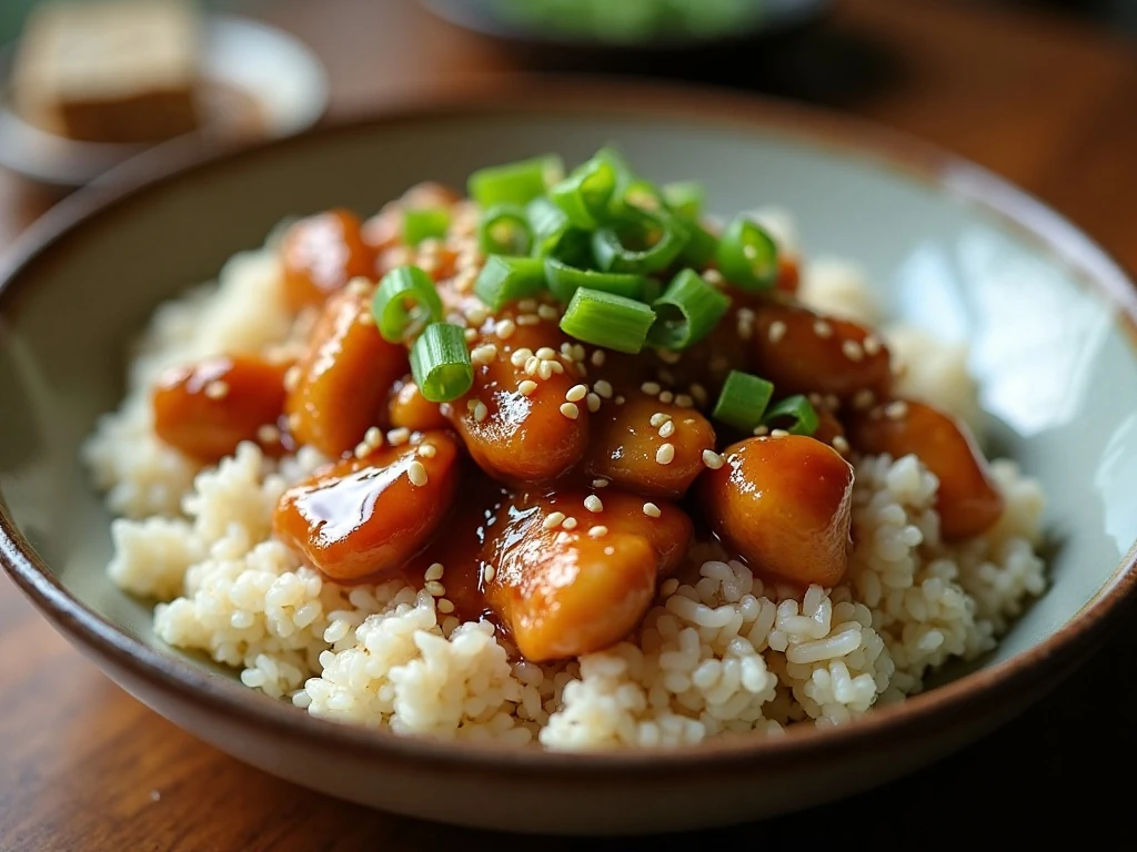 Reheated honey sesame chicken with sesame and green onion garnish