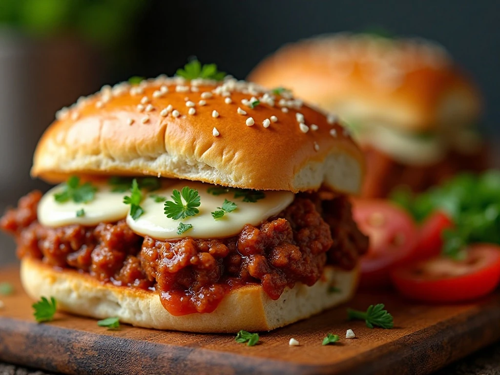 Italian sloppy joe sandwiches with melted mozzarella and tomato beef filling