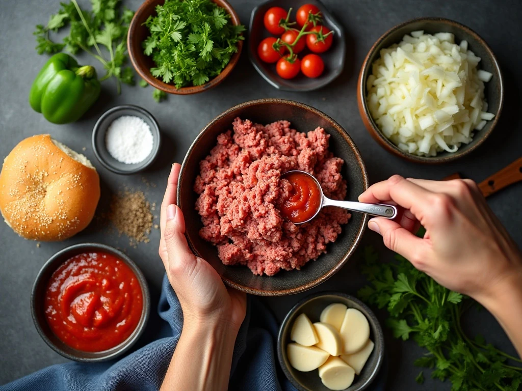 Ingredients for slow cooker Italian sloppy joes arranged on a kitchen counter