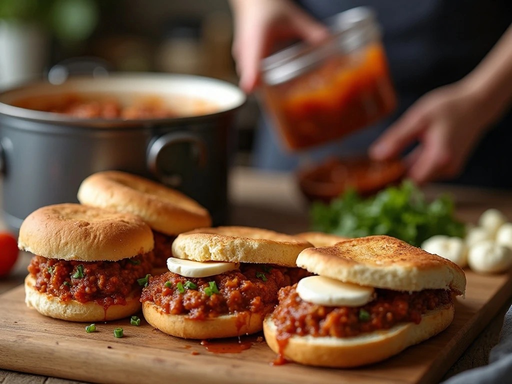 Toasted buns and mozzarella prepared for crockpot sloppy joe sandwiches