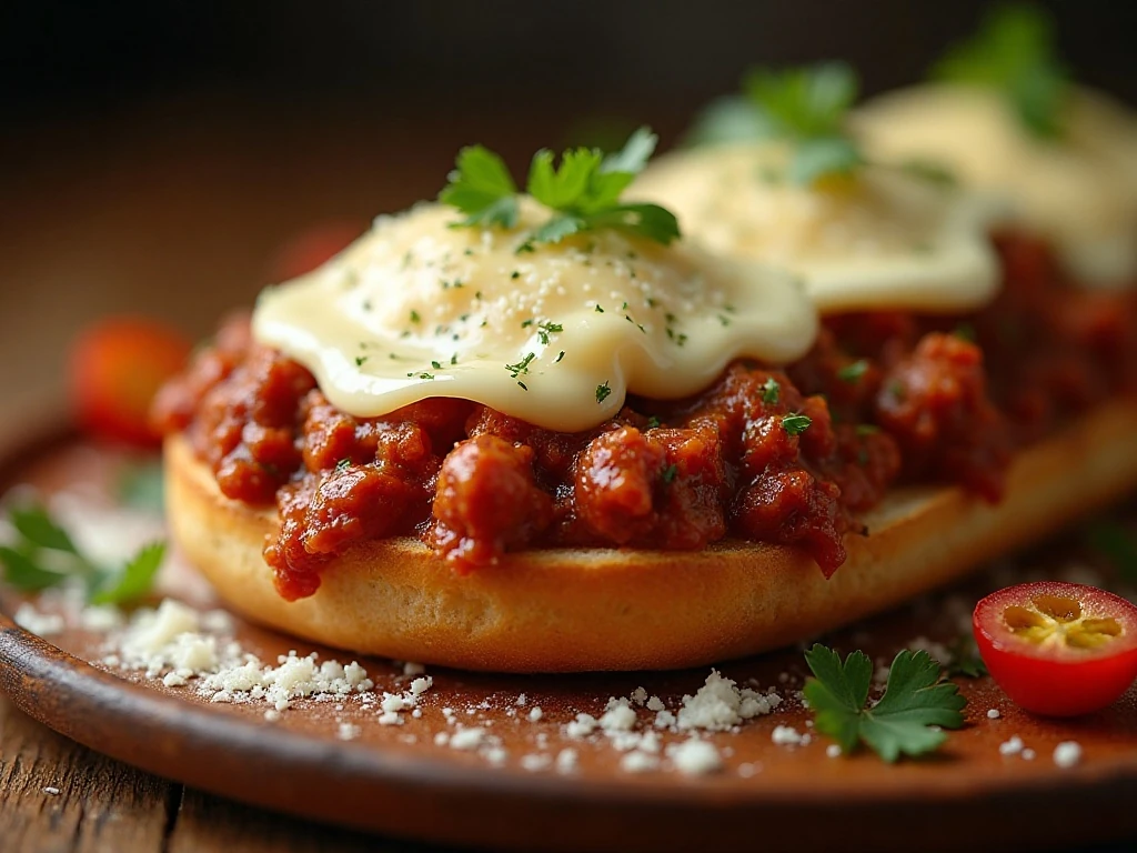 Close-up of mozzarella-topped Italian sloppy joe with Parmesan and parsley