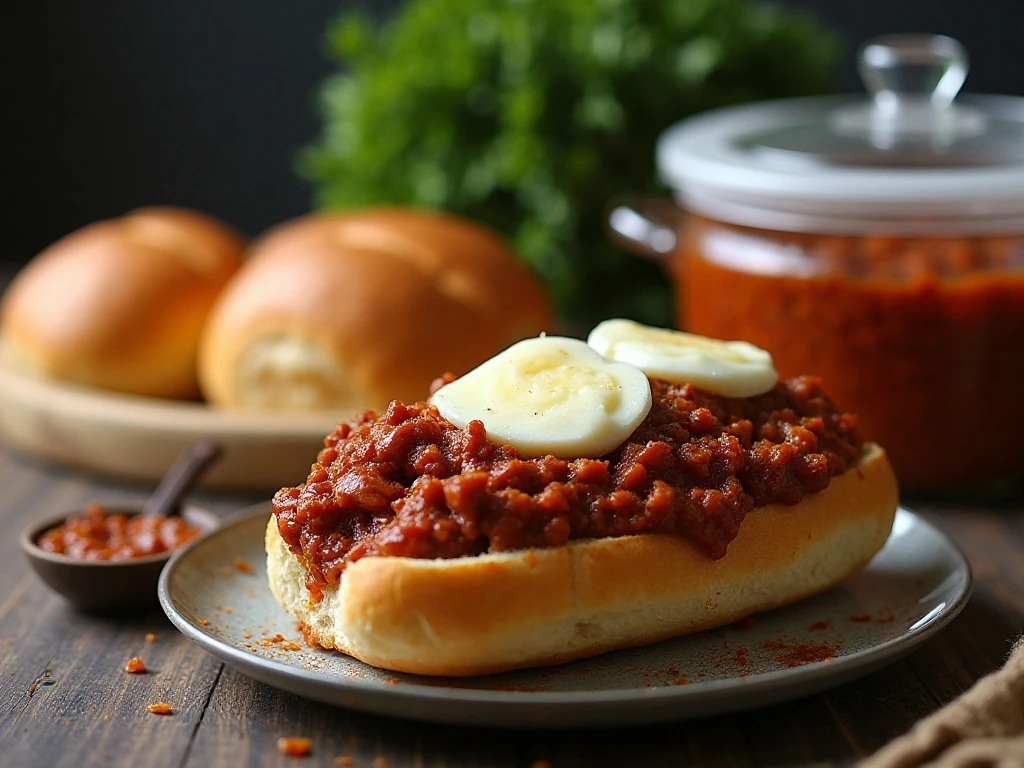 Stored and reheated Italian sloppy joe filling with toasted buns
