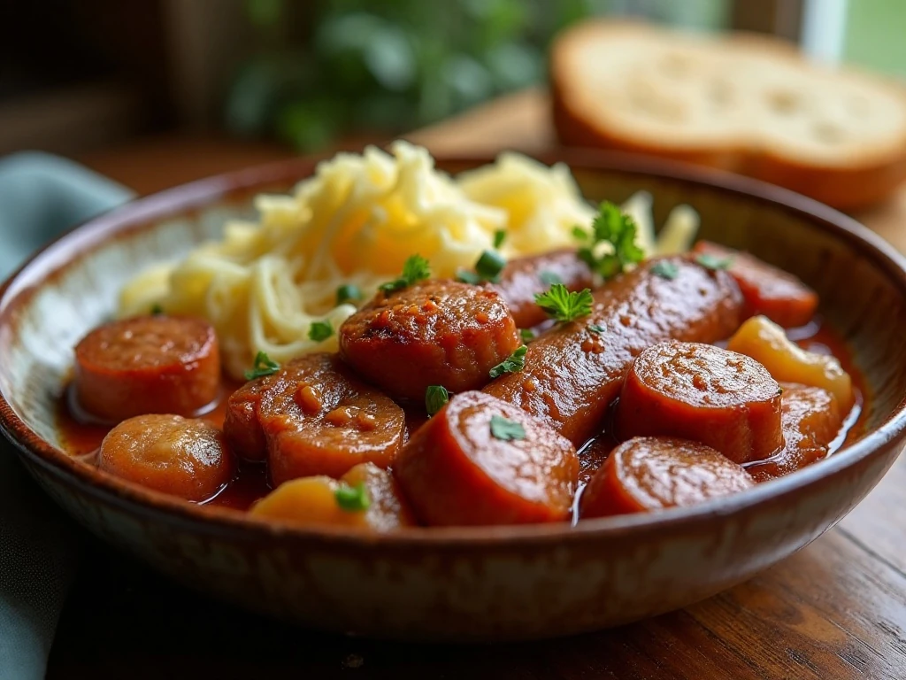 Slow cooker kielbasa and cabbage served in a bowl with crusty bread