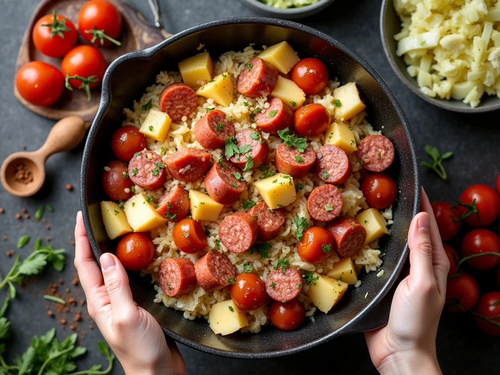Optional potatoes, tomatoes, vinegar, and seasonings for kielbasa and cabbage