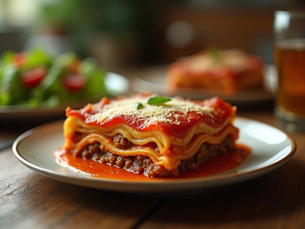 A serving of cheesy slow cooker lasagna with visible layers