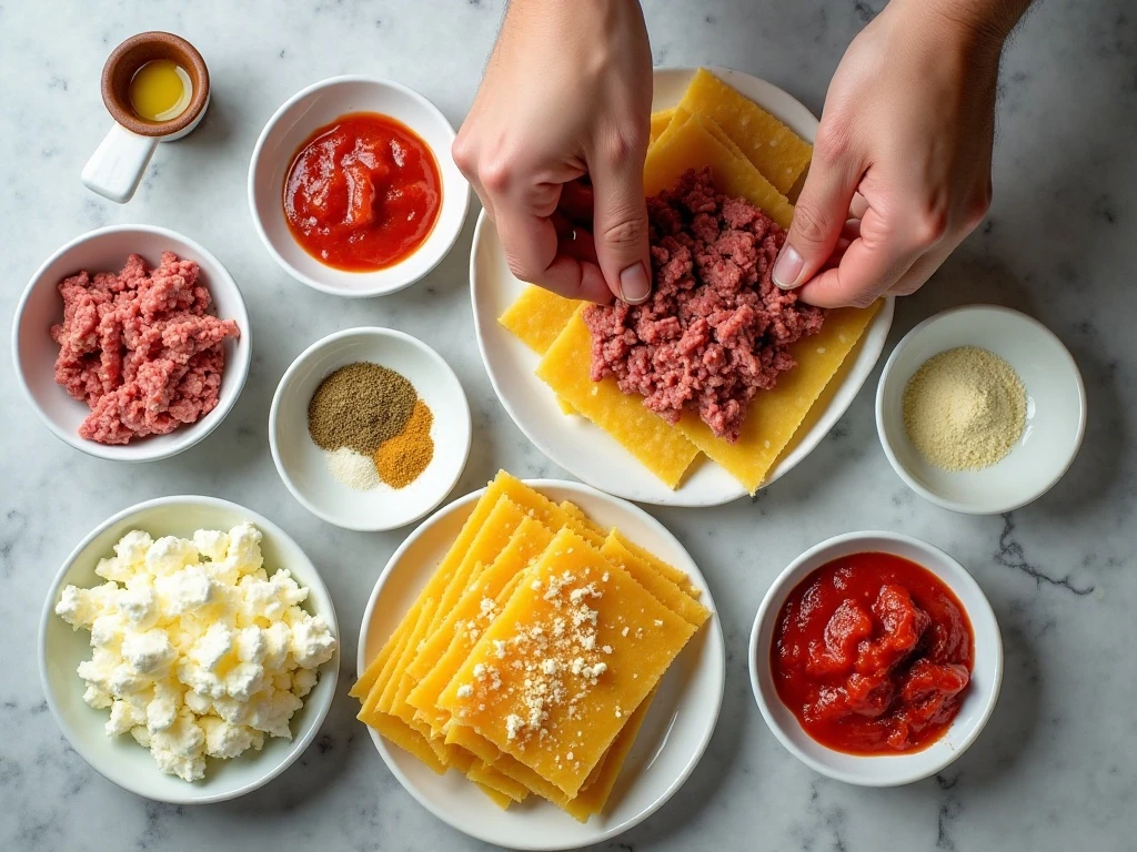 Ingredients for easy crockpot lasagna arranged in a flat lay