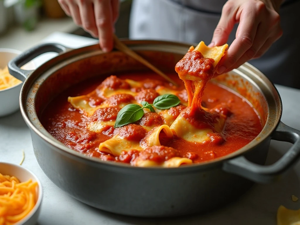Uncooked lasagna noodles overlapped and covered with sauce in a crockpot
