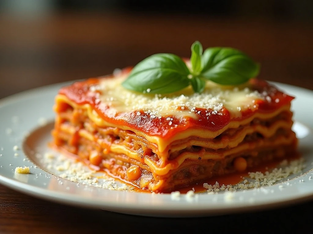 Close-up of a rested slice of crockpot lasagna ready to serve