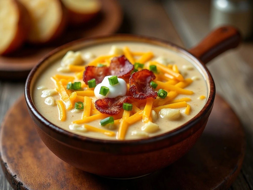 Bowl of creamy slow cooker loaded baked potato soup with cheddar and bacon