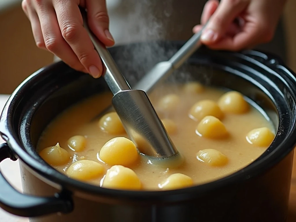 Mashing tender potatoes in the slow cooker for potato soup