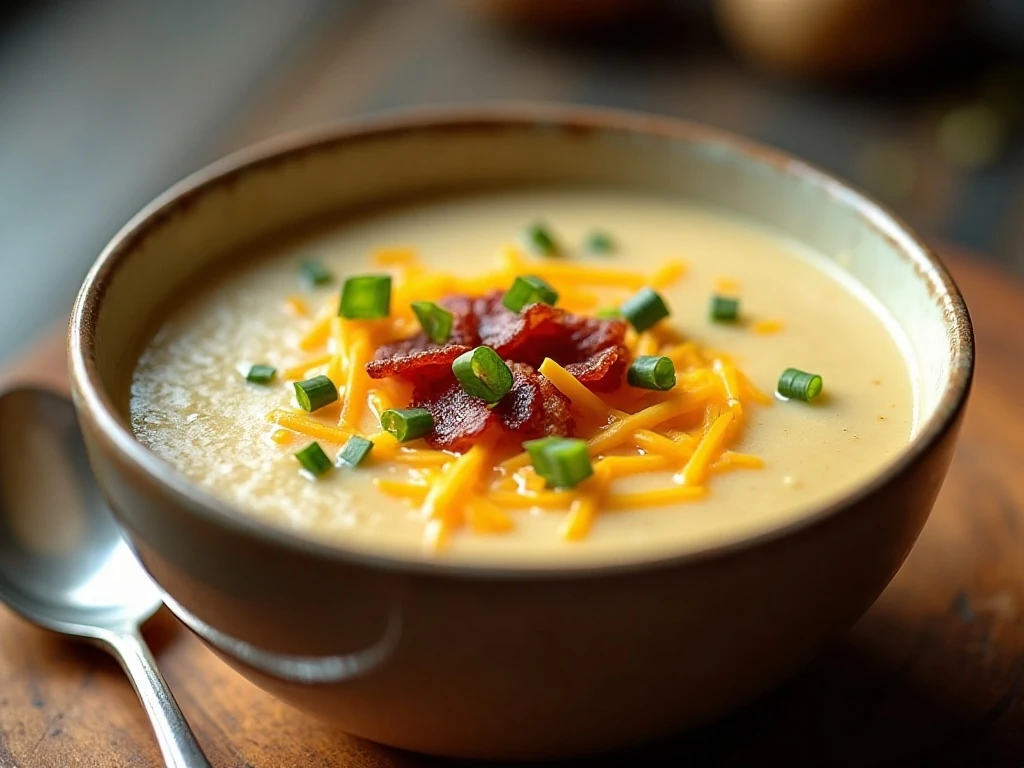 Reheated loaded potato soup topped with bacon and chives