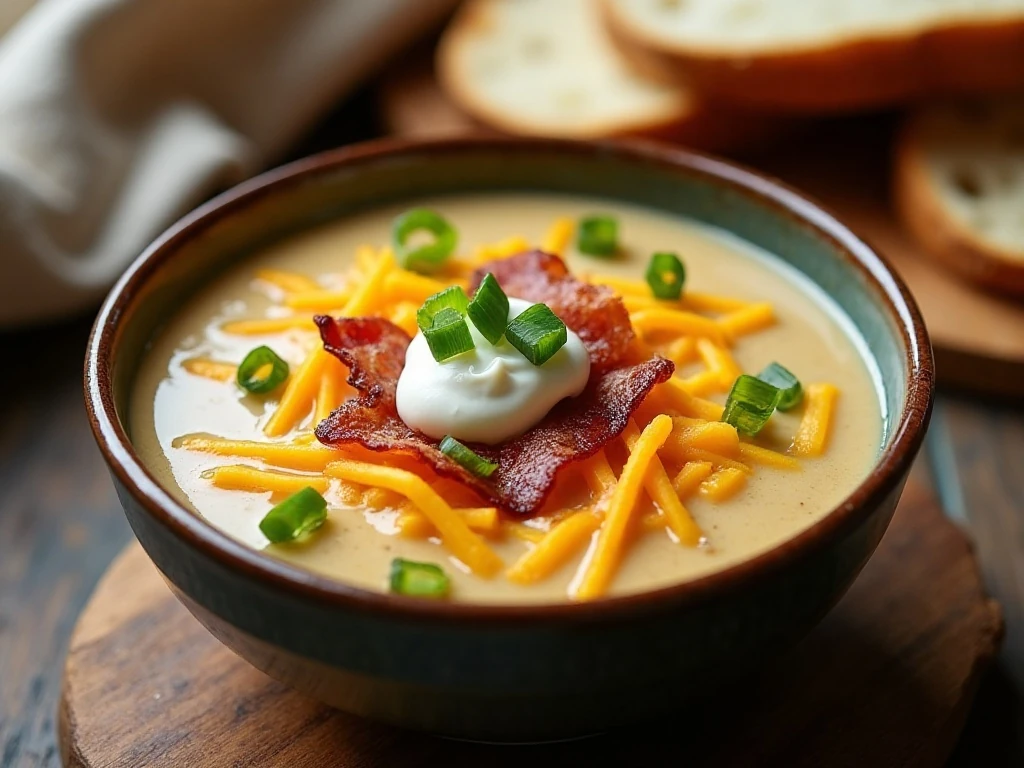 Finished slow cooker loaded baked potato soup with toppings