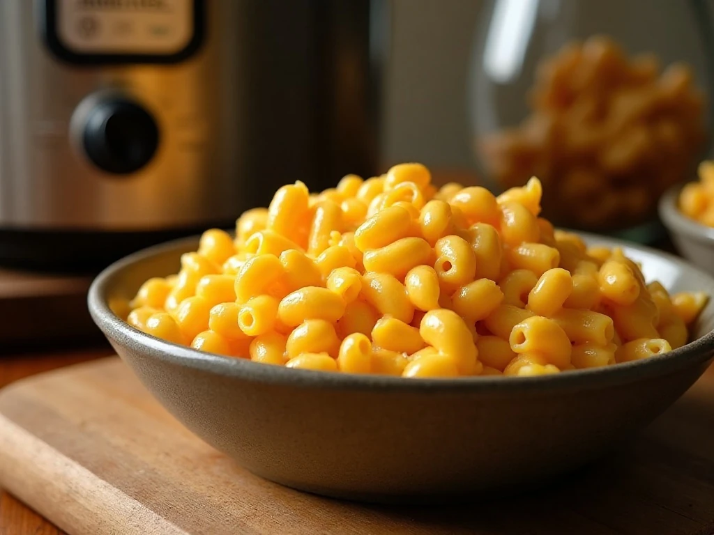 Creamy slow cooker macaroni and cheese served in a bowl