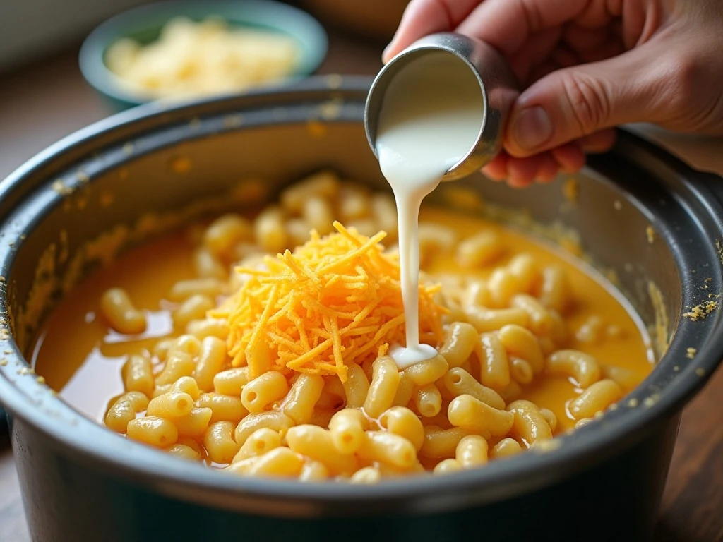Combining macaroni and cheese ingredients in a slow cooker