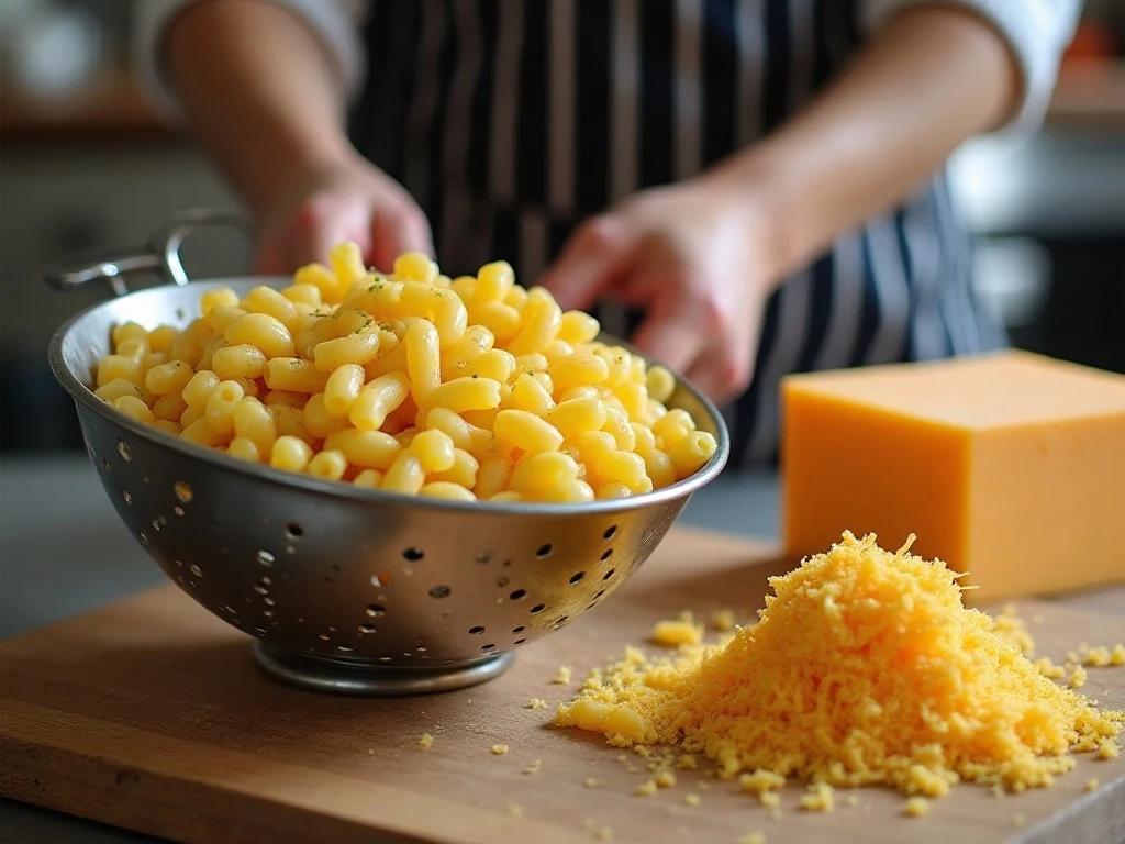 Preparing pasta and freshly shredded cheese for slow cooker mac and cheese
