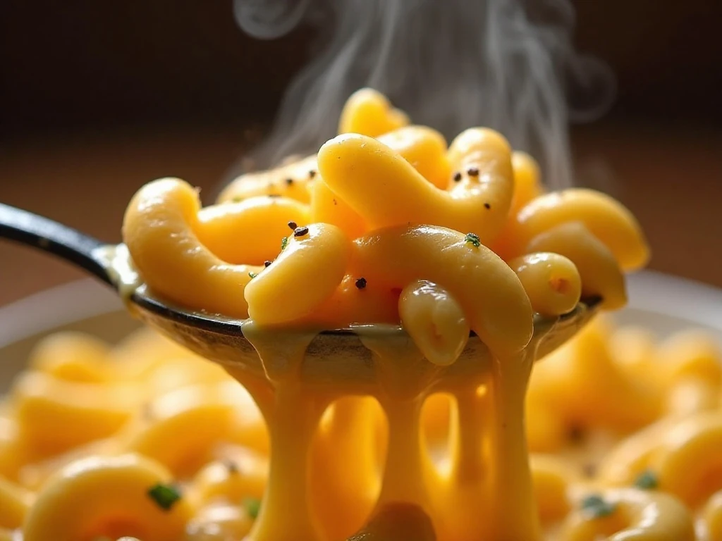 Close-up serving of creamy macaroni and cheese with black pepper