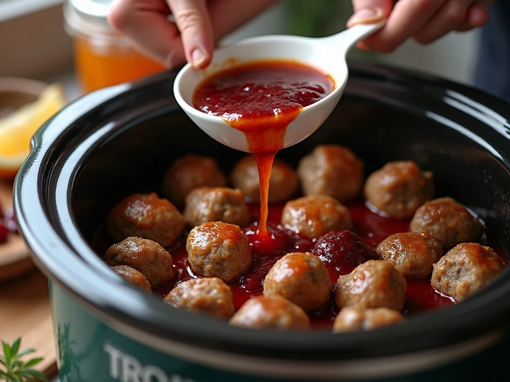 Preparing cranberry chili sauce for slow-cooker meatballs