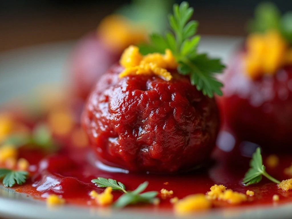 Cranberry meatball with orange zest garnish and toothpick