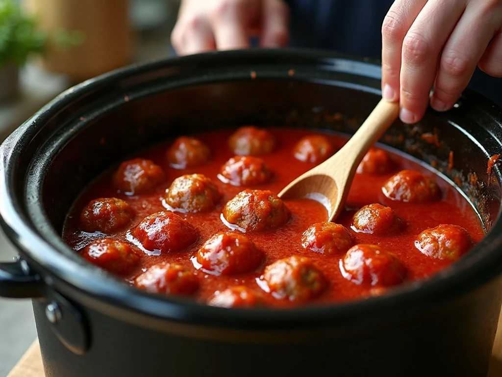 Meatballs arranged in marinara sauce inside a slow cooker