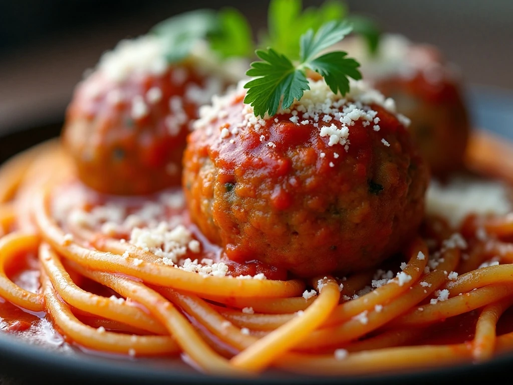 Close-up of marinara meatballs with Parmesan and parsley
