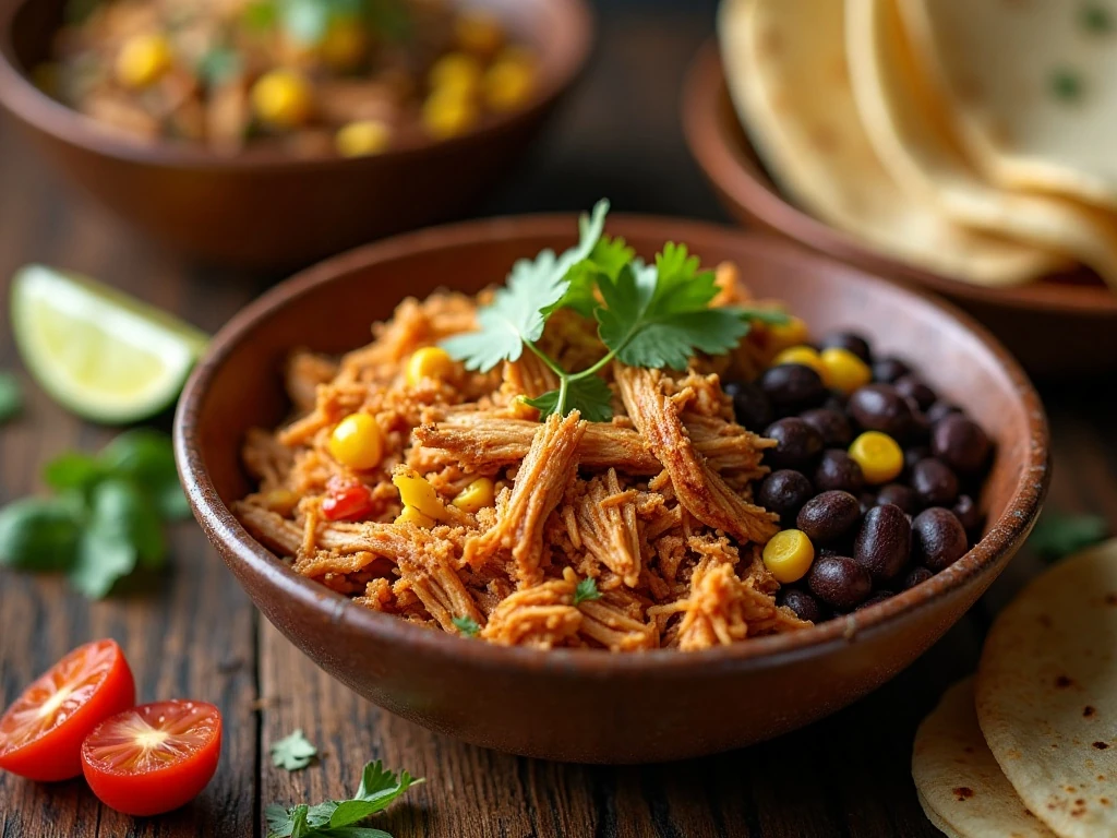 Slow cooker Mexican chicken served with beans, corn, tortillas, and toppings
