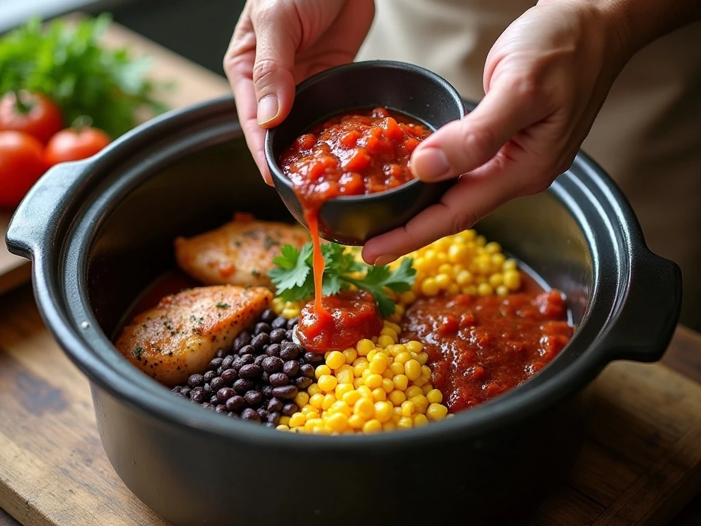 Stirring the Mexican chicken sauce ingredients in a slow cooker