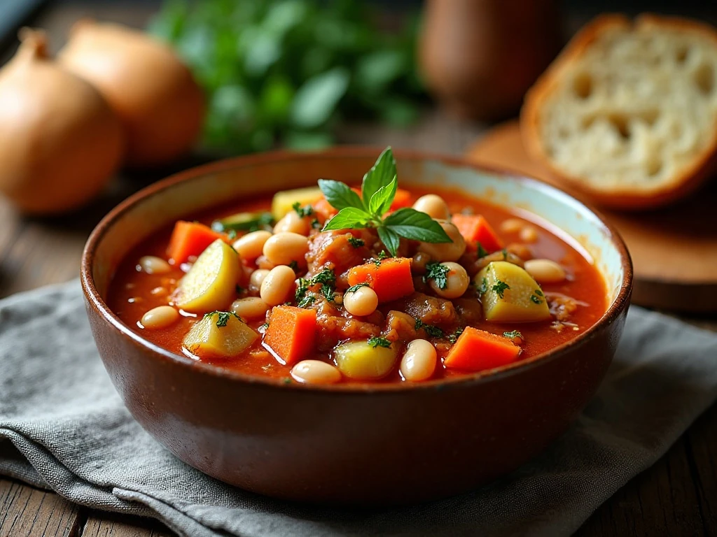 A cozy bowl of colorful slow-cooker minestrone soup with bread
