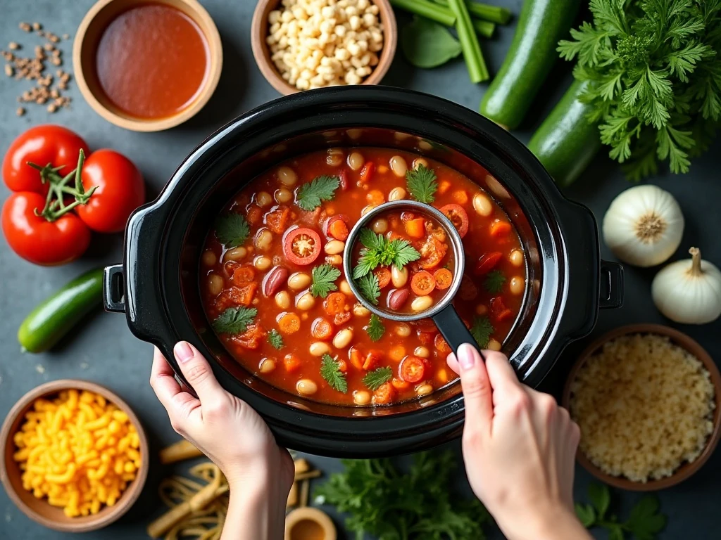 Ingredients for slow-cooker minestrone soup arranged in a flat lay