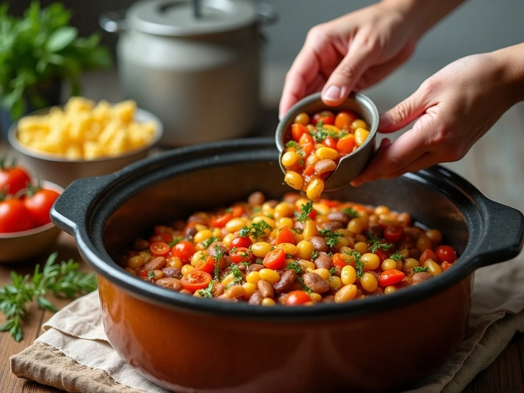 Vegetables and beans being prepared for slow-cooker minestrone